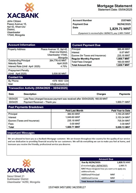 Download Mongolia XacBank mortgage statement Word and PDF template Photoshop template